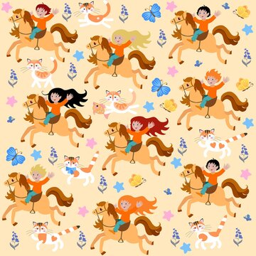 Wonderful seamless print for baby fabric, wallpaper in vector. Little children ride ponies, cute cartoon cats play nearby, flowers, butterflies and stars decorate the picture.