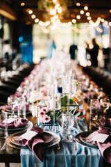 Modern romance boho vintage wedding composition. Long table festive wedding  decoration