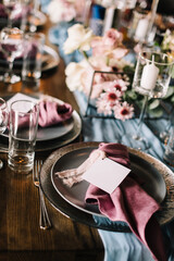 Modern romance boho vintage wedding composition. Long table festive wedding  decoration