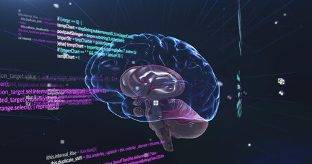 Image of data processing and brain on black background