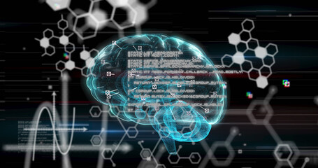 Image of data processing and brain on black background