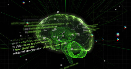 Image of data processing and brain on black background