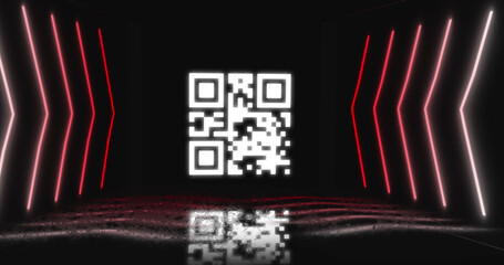Image of neon qr code with lines over black background