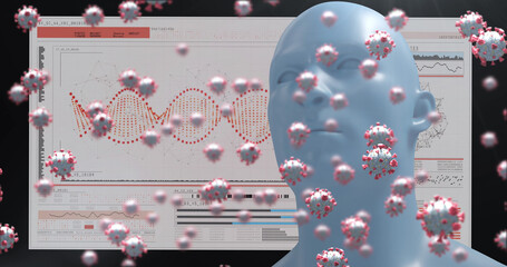 Image of virus cells and human head over medical data processing