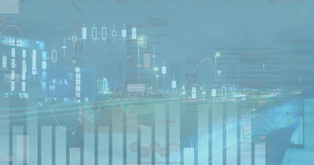 Image of data processing and icons over cityscape