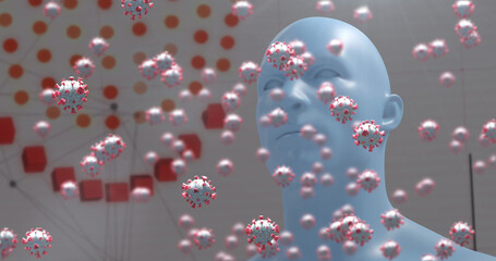 Image of virus cells and human head over medical data processing