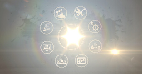 Image of light spots and business icons on white background