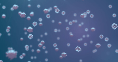 Image of virus cells on blue background - obrazy, fototapety, plakaty