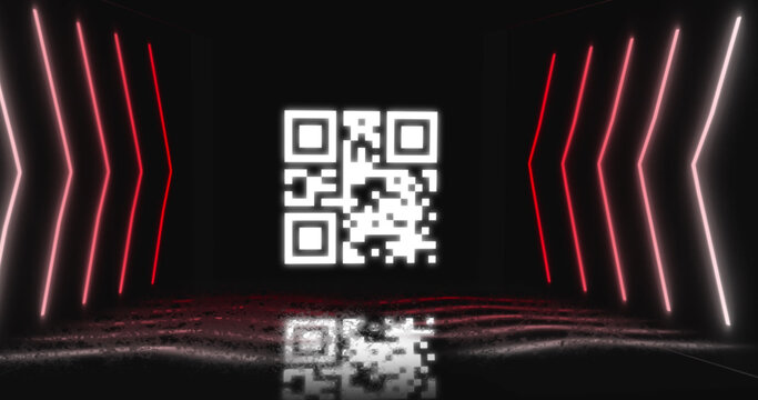Image of neon qr code with lines over black background