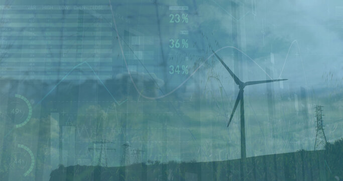 Image of data processing and icons over windmill