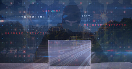 Image of caucasian male hacker, cyber attack warning and people silhouettes over cityscape
