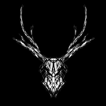 Deer skull on a black background, Tattoo, freehand drawing, vector. Abstract. Contemporary trendy art illustration