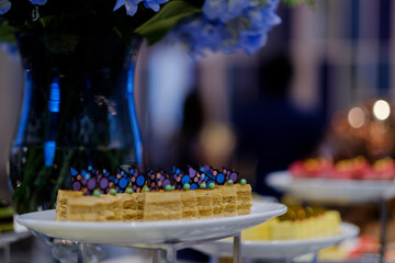 Glass shots pastry, wedding catering food, mini canapes food, tasty dessert, Beautiful decorate catering banquet table,  snacks and appetizers, wedding celebration
