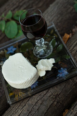 Picnic of hedonist who Eating cheese and drinking wine outdoors in summer