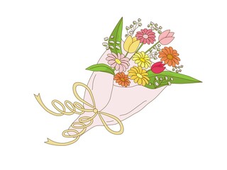 花束　チューリップとガーベラとカスミソウの花束