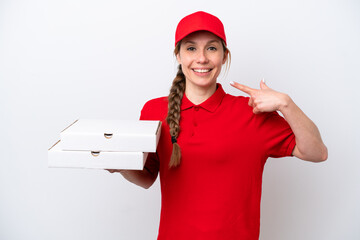 pizza delivery woman with work uniform picking up pizza boxes isolated on white background giving a...