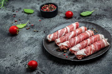 Kofta kebab or chevapchichi. sausages minced meat wrapped in bacon. Healthy fats, clean eating for weight loss