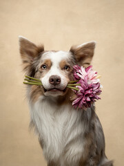 dog at beige background, fun border collie, dog with flowers