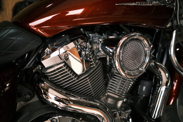 Closeup of a big shiny motorcycle engine