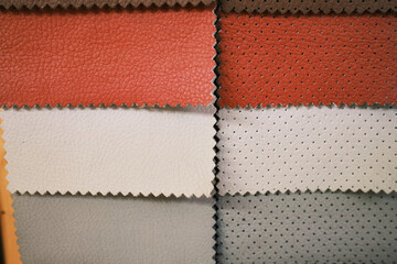 Sample of leather textile brown and red colors, background. Catalog and swatch tone of Interior fabric 