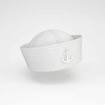 Sailor hat with white anchor floating on a gray background, 3d render