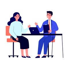 Candidate and HR manager having job interview. Business man and woman meeting at table, talking with speech bubbles