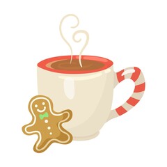 Hot cocoa with gingerbread in mug cartoon illustration. Colorful winter drinks, coffee with cinnamon, tea. Beverage, Christmas concept