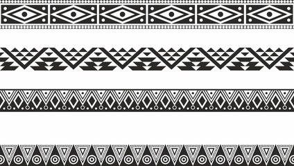 Vector monochrome set of seamless indian national native american borders. Endless ethnic ornaments of the peoples of America, Aztec, Maya, Inca, Peru, Brazil, Mexico, Honduras, Guatemala.