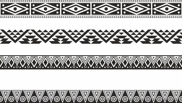Vector monochrome set of seamless indian national native american borders. Endless ethnic ornaments of the peoples of America, Aztec, Maya, Inca, Peru, Brazil, Mexico, Honduras, Guatemala.
