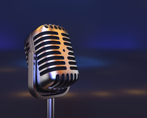 Retro microphone silver on a dark blurry background, 3d render