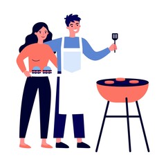 Happy family doing barbecue at garden flat vector illustration. Mother and father cooking outdoor near house. Kids playing with dog at backyard