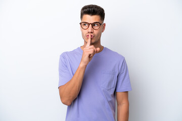 Young caucasian man isolated on white background showing a sign of silence gesture putting finger...