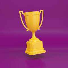 Yellow trophy cup floating on a purple background, 3d render