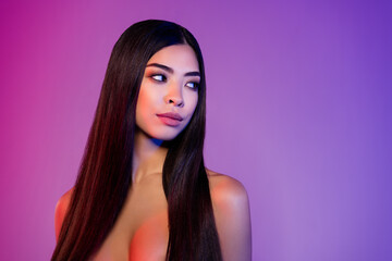 Photo of dreamy young calm woman look copyspace no clothes soft silky skin isolated on gradient filter background