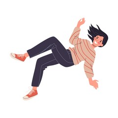 Happy teenage girl jumping on trampoline. Teens enjoying activity, having fun flat vector illustration. Bouncing, tumbling, joy concept