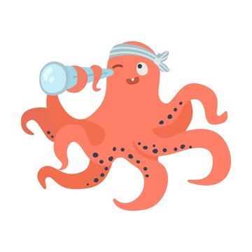 Pirate octopus with spyglass. Cute underwater animals, sea robbers cartoon illustration. Ship with anchor, crab, octopus, childish captain character on white