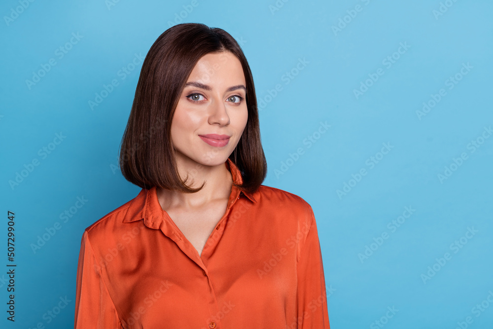 Sticker Photo of young charming woman good mood smart attorney expert economist isolated over blue color background