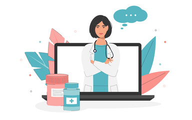 The concept of an online doctor's consultation on medicines in pink and blue colors. Online medicine, health care, medical diagnostics. Illustration of a doctor woman from a laptop in a flat style.