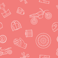 Moto - Vector background (seamless pattern) of motorcycle, engine, wheel, helmet and other parts and accessories symbols for graphic design