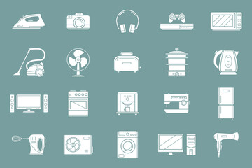 Electronics Icons set - Vector silhouettes of camera, computer, washing machine, television and other appliances for the site or interface