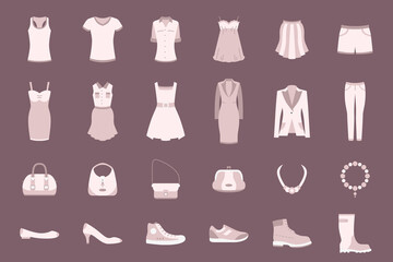 Women's clothing Icons set - Vector color symbols of dress, shoes, skirt, jeans, jacket and accessories for the site or interface