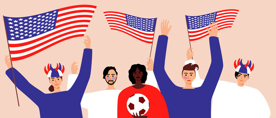 Football fans with US flag, flat vector stock illustration as concept of costumed people, support for football players