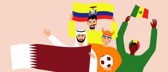Football fans with flag of Qatar, Ecuador, Senegal, Netherlands, flat vector stock illustration as concept competition of group A