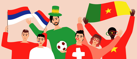 Football fans with flag, flat vector stock illustration as concept supporting football players from group