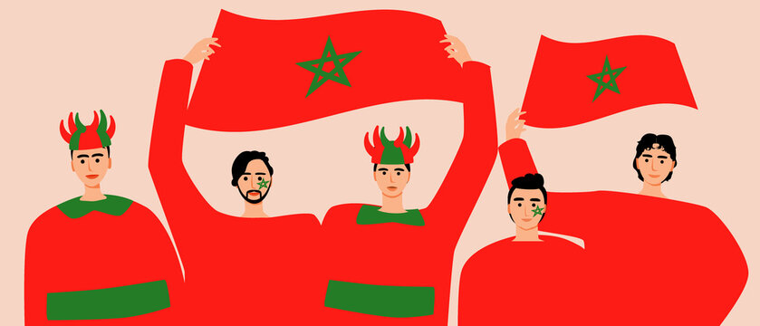 Football fans with flag of Morocco, flat vector stock illustration as concept costume topla of spectators