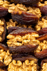 Walnut date fruit. Walnut filled dates healthy food. Close-up. local name cevizli hurma