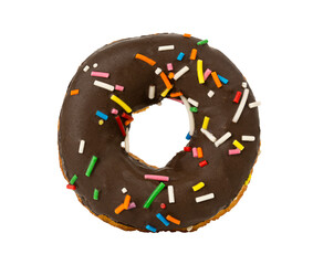 black chocolate donut with colorful sprinkles isolated on white background