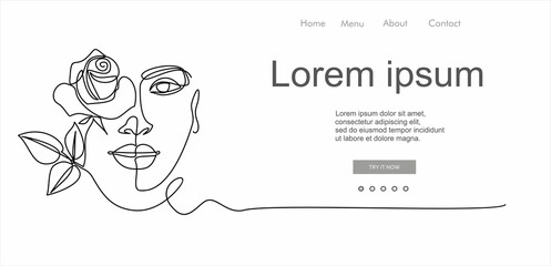 Woman face continuous one line vector drawing. Style templates with abstract female face, rose and butterflies. Can used for logo, emblem, slide show and banner. Illustration with quote template. 