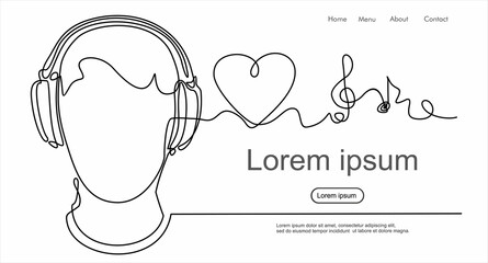 continuous line drawing of man listening music in headphones wuth sound music gadget and note. Can used for logo, emblem, slide show and banner.