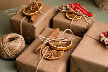 Eco-friendly wrapped christmas gifts. Zero waste concept